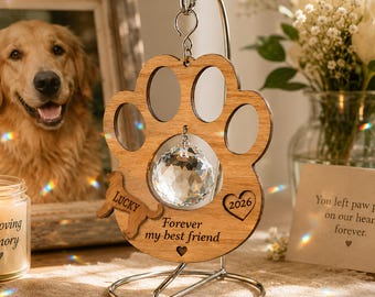 Wooden Paw Suncatcher, Custom Pet Memorial Keepsake, Rainbow Bridge Decor