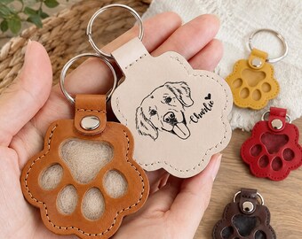 Puede incluir: Una colección de llaveros con forma de pata hechos de cuero y fieltro. Un llavero de color beige claro presenta una ilustración grabada con láser de la cara de un perro y el nombre Charlie. También se ven otros llaveros en marrón, amarillo, rojo y marrón oscuro.
