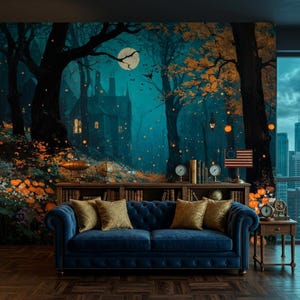 Whimsical Haunted Forest Landscape Wall Art, Dark Autumn Aesthetic Moonlit Forest Print, Spooky Cottagecore Halloween Decor