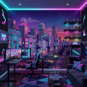 May include: A gaming room featuring a wall mural of a neon-lit city at night, a black desk with a computer setup, a gaming chair, a sofa with patterned pillows, and shelves displaying small figurines and books, with a neon sign reading GAME ON.