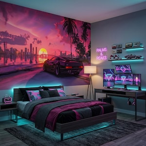 May include: A bedroom featuring a large wall mural of a sports car at sunset, a bed with dark purple and black bedding, a wooden desk with three computer monitors, floating shelves with cassette tapes and a model car, and a neon sign reading PALMS & PEAKS.