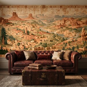 Vintage Western Landscape Wallpaper Mural, Wild West Panorama Wall Art, Rustic Southwest Desert Scene, Americana Home Decor Mural
