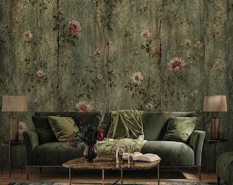 Dark Moody Floral Wallpaper | Vintage Botanical Wall Mural | Aged Green Peel and Stick Wallpaper | Dark Academia Decor
