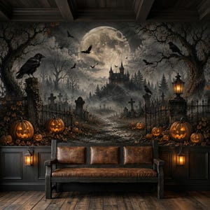 May include: A brown leather bench with a wooden frame sits in front of a wall mural depicting a dark, foggy graveyard at night. The scene features a large full moon, a distant castle, bare trees, flying crows, and glowing jack-o'-lanterns.