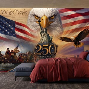 Patriotic 250th Anniversary American History Wall Mural, USA Sestercentennial Decor, Bald Eagle Art, Revolutionary War Home Decor