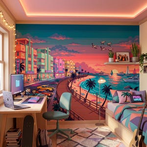 May include: A wall mural featuring a pixel art coastal city scene at sunset with palm trees, a wooden boardwalk, and boats on the water. The vibrant design includes neon-lit buildings, classic cars, and a gradient sky in shades of pink and blue.