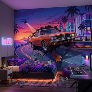 80s Synthwave Retro Muscle Car Wall Mural, 3D Breakthrough Wallpaper, Gaming Room Decor, Neon Vaporwave Art, Aesthetic Bedroom Mural