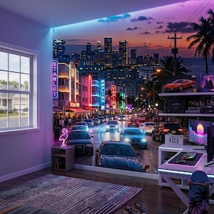 May include: A wall mural depicting a vibrant city street at dusk with neon signs reading STARLET, MALIBU, and VAPID, alongside a pink flamingo light, a desk with a computer, a skateboard, and a license plate labeled VICE.