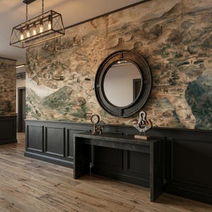 May include: A black metal console table with a matching circular porthole-style mirror mounted above it on a wall covered in a vintage-style map mural. The table holds a small analog gauge and a metal sculpture, illuminated by a rectangular pendant light.