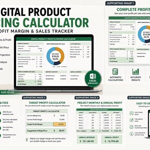 May include: A digital product pricing calculator spreadsheet displayed on a laptop screen. The interface includes sections for product overview, profit breakdown with a pie chart, costs per sale, and monthly or annual profit projections in green and white.