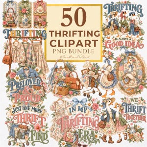 Imagens PNG de brechós, pacote de cliparts de lojas de segunda mão, compras vintage em PNG, achados retrô em brechós, gráficos de compras de segunda mão, download digital de 50 imagens PNG.