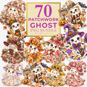 Puede incluir: Una colección digital de 70 ilustraciones de fantasmas de patchwork con varios personajes en coloridos atuendos estampados, sombreros de bruja y accesorios de temporada como calabazas, palomitas y murciélagos, con el texto 70 PATCHWORK GHOST PNG BUNDLE.