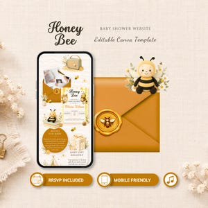 May include: A digital baby shower website template featuring a honey bee theme. The mobile screen displays invitation details, a bee illustration, and registry information. Beside it is a mustard yellow envelope with a gold bee wax seal.
