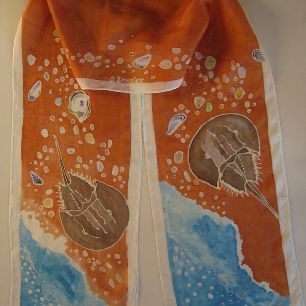 Hand Painted Silk Scarf Horseshoe Crab on Beach -- Made to Order