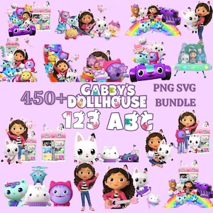 May include: A digital collection of Gabby's Dollhouse characters and elements featuring Gabby, various cat figures, dollhouses, vehicles, and rainbows. The text reads 450+ GABBY'S DOLLHOUSE PNG SVG BUNDLE 123 ABC in purple on a light purple background.