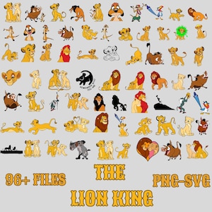 May include: A collection of over 96 digital graphic files featuring characters from The Lion King, including Simba, Nala, Timon, Pumbaa, and Mufasa in various poses. The text reads 96+ FILES PNG-SVG THE LION KING and REMEMBER WHO YOU ARE.