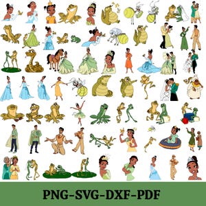 May include: A collection of digital illustrations featuring characters from The Princess and the Frog, including Tiana in various outfits, Prince Naveen, Louis the alligator, Ray the firefly, and frogs, with the text PNG-SVG-DXF-PDF at the bottom.
