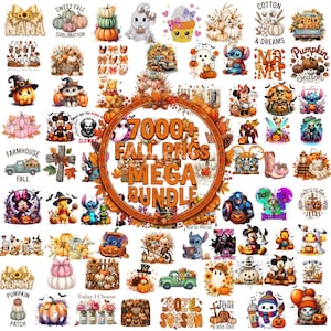 Könnte beinhalten: Eine digitale Sammlung von über 7000 herbstlichen PNG-Grafiken mit Kürbissen, Laub, Zeichentrickfiguren, Skeletten und saisonalem Text. Der zentrale kreisförmige Rahmen zeigt den Text 7000+ FALL PNGS MEGA BUNDLE.
