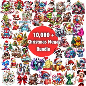 May include: A digital collection of Christmas-themed illustrations featuring various cartoon characters like Mickey Mouse, Stitch, Winnie the Pooh, and Santa Claus. A large red circle in the center displays the text 10,000 + Christmas Mega Bundle.