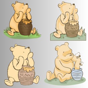 May include: A collection of four illustrations featuring a light yellow bear sitting beside a brown honey pot labelled HUNNY. Three images show the bear resting its chin on its hands, while the fourth depicts the bear reaching into a blue pot.