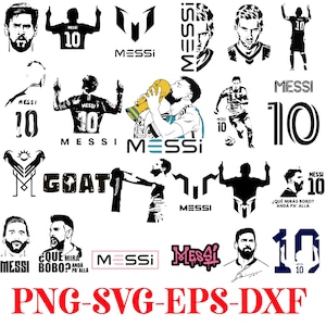 Peut inclure: Une collection de designs graphiques numériques en noir et blanc représentant Lionel Messi, incluant des silhouettes, des portraits, le numéro 10, le mot Messi, le texte GOAT et la phrase Qué mirás bobo? Anda pa' allá, avec les formats PNG-SVG-EPS-DXF.