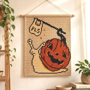 Halloween-Kürbis-Schnecken-Wandteppich-Häkelmuster, Kawaii-Wandbehang zum Süßes-oder-Saures-Fest, niedliches gruseliges Herbst-Gittermuster