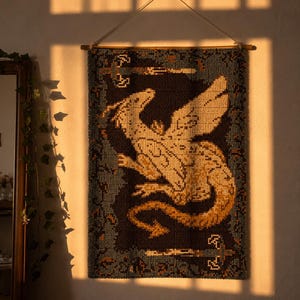 Dragon tapestry crochet pattern, medieval wall hanging, dark academia fantasy decor PDF