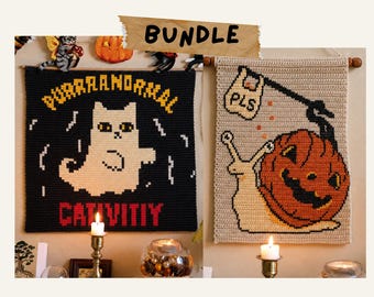 Paket med virkmönster till Halloween-gobeläng, läskig katt och jack-o-lantern-snigel, virkad väggbonad, Halloweendekor