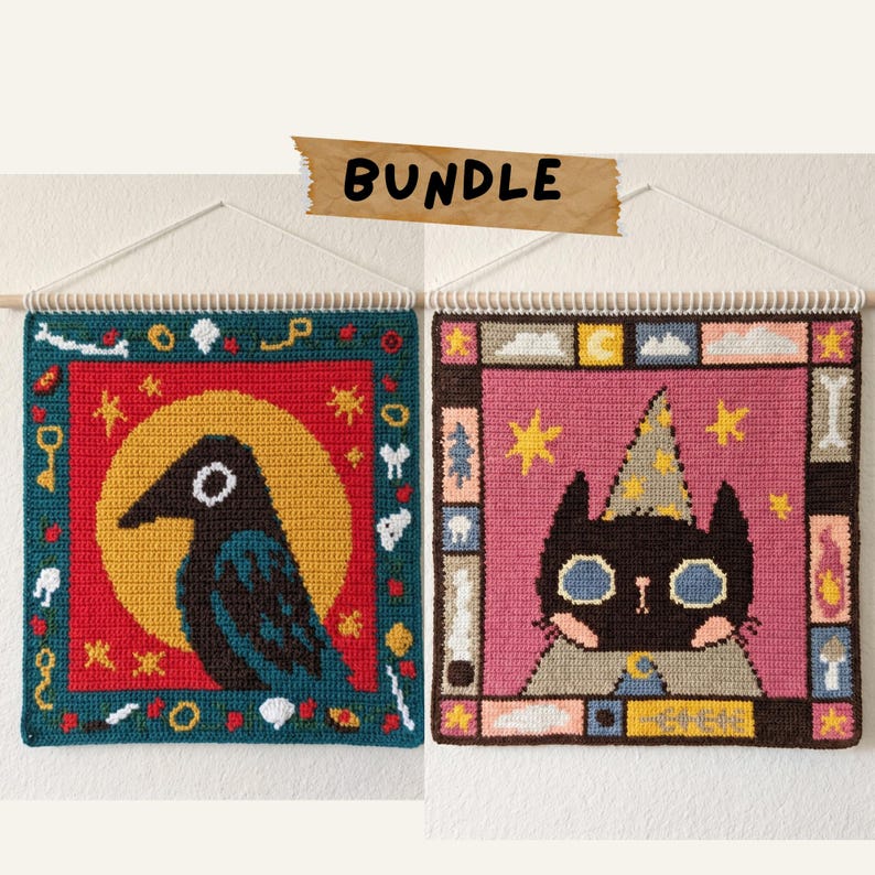 Wizard Cat and Crow Crochet Wall Hanging Patterns (Bundle) (PDF Download)