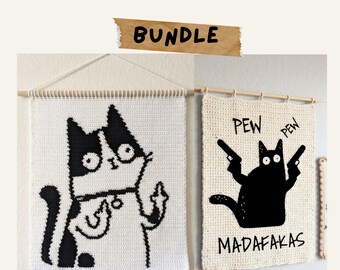 Paket med virkmönster för väggbonader med svart katt, rolig och vågig gobeläng i PDF-format (2 designer)