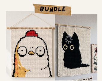 Virkmönsterpaket: Väggbonad med buffrande katt och chockad kyckling (digital nedladdning)