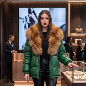 Green Leather Jacket with Fur Collar, Women's Luxury Winter Outerwear