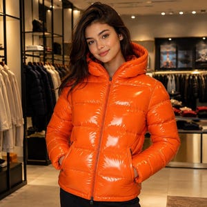 Glossy Orange Puffer Jacket with Hood, Women's Padded Winter Outerwear