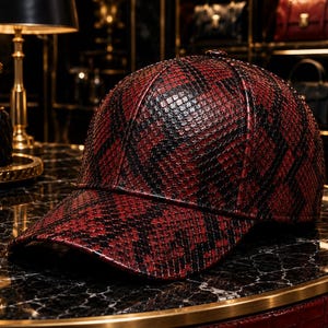 Puede incluir: Una gorra de béisbol con un patrón texturizado de piel de serpiente en rojo oscuro y negro. La gorra tiene una corona estructurada y una visera curva, con un botón en la parte superior central. El material muestra un acabado de escamas.