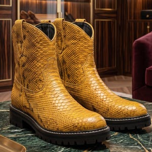 Peut inclure: Une paire de bottines jaune moutarde avec un motif texturé en peau de serpent, un bout pointu et une épaisse semelle crantée noire. Les bottines présentent un design à enfiler avec des tirettes latérales et une tige structurée en écailles.