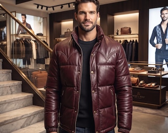 Giacca invernale da uomo in pelle bordeaux imbottita / Cappotto invernale western trapuntato