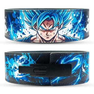 May include: A black weightlifting belt featuring a vibrant graphic of a blue-haired anime character surrounded by blue and white energy splashes. The belt includes a solid black metal lever buckle mechanism for secure fastening during heavy lifting.