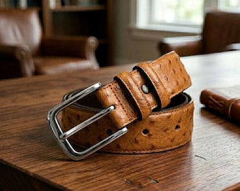 Cintura da uomo in pelle color cuoio con stampa struzzo, fibbia argentata in stile western, cintura elegante di alta qualità.