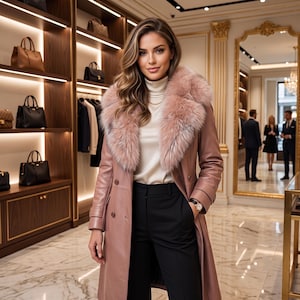 Dusty Rose Leather Trench Coat | Plush Fur Collar, Women's Winter Overcoat