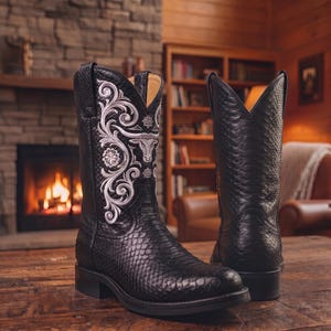 Black Embossed Python Leather Cowboy Boot | Mens Western Boots Leather sole