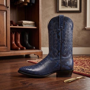 May include: A blue cowboy boot featuring a textured snakeskin pattern across the entire exterior. The boot has a tall shaft with decorative stitching, a pointed toe, a black stacked heel, and pull tabs at the top of the shaft for easy wear.