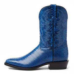 May include: A vibrant blue cowboy boot featuring a textured snakeskin pattern across the entire exterior. The boot has a square toe, a tall shaft with decorative tonal stitching, black piping along the seams, and a solid black stacked heel.