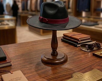 Cappello Fedora nero artigianale – Fascia decorativa rossa, tesa larga Elite Wear