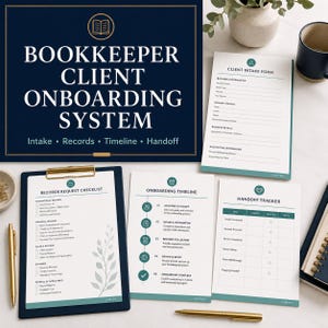 Könnte beinhalten: Ein Buchhalter-Kunden-Onboarding-System-Set mit einem dunkelblauen Schild mit weißem Text, einem Klemmbrett mit einer Checkliste für Unterlagen und drei gedruckten Formularen für Kundenaufnahme, Zeitplan und Aufgabenverfolgung.
