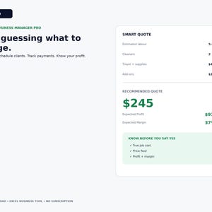 Cleaning Business Spreadsheet | Pricing Calculator, Quote Builder, Client CRM, Job Schedule & Profit Tracker