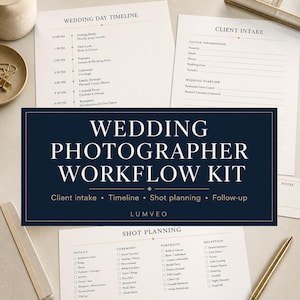 Könnte beinhalten: Ein Workflow-Kit für Hochzeitsfotografen mit gedruckten Dokumenten, darunter ein Zeitplan für den Hochzeitstag, ein Kundenaufnahmeformular und eine Checkliste für die Aufnahmeplanung. Die zentrale dunkelblaue Grafik zeigt den Text Wedding Photographer Workflow Kit, Client intake, Timeline, Shot planning, Follow-up und Lumveo in weißer und goldener Schrift.