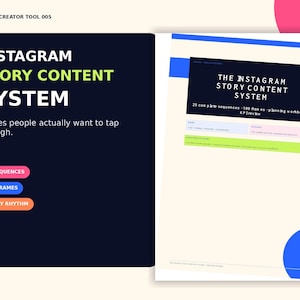 Könnte beinhalten: Ein digitales Planungs-Arbeitsbuch mit dem Titel Instagram Story Content System, das 25 Sequenzen, 100 Frames und einen 30-Tage-Rhythmus enthält. Das Layout umfasst ein dunkelblaues Feld mit weißem und lindgrünem Text sowie eine weiße Seite mit blauen Akzenten.