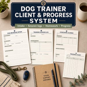 Könnte beinhalten: Ein Hundetrainer-Klienten- und Fortschrittssystem-Set mit gedruckten Formularen für Aufnahme, Trainingstagebücher, Hausaufgabenplaner und Fortschrittstabellen, sowie einem Spiralblock, einem schwarzen Clicker und einer grünen Leine.