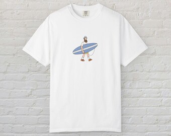 Camiseta minimalista com estampa de surfista - Arte retrô de prancha de surf - Design para camiseta estilo praia