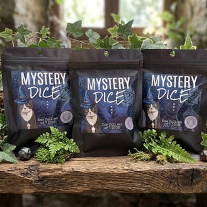 May include: Three black pouches labeled MYSTERY DICE, each featuring a graphic of a cat wearing a wizard hat. The text reads MYSTERY DICE and One full set of 7 DICE! The pouches are arranged on a wooden surface surrounded by green ivy leaves.